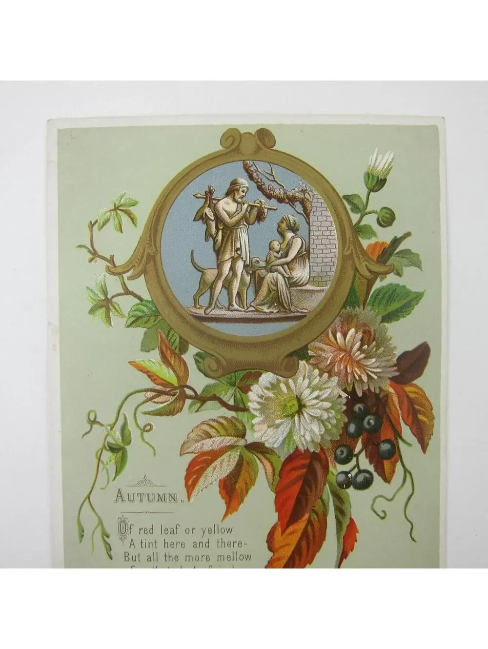 Victorian Greeting Card Autumn Fall Flowers Roman Man Woman Child Dog Antique